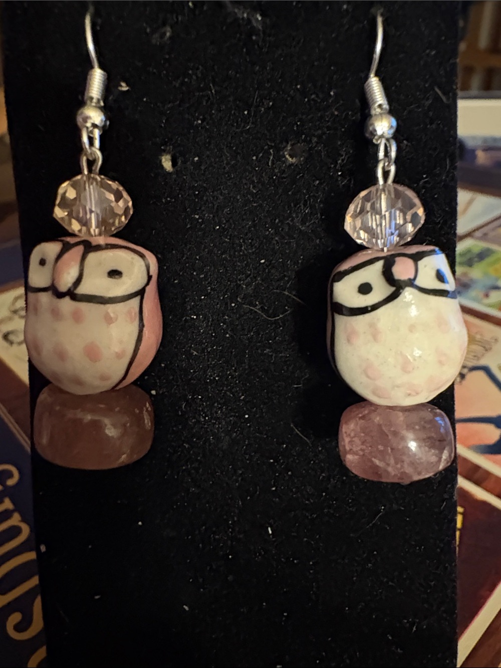 Hand Crafted Owl Bead Drop Earrings with Strawberry Quartz and AB Crystal